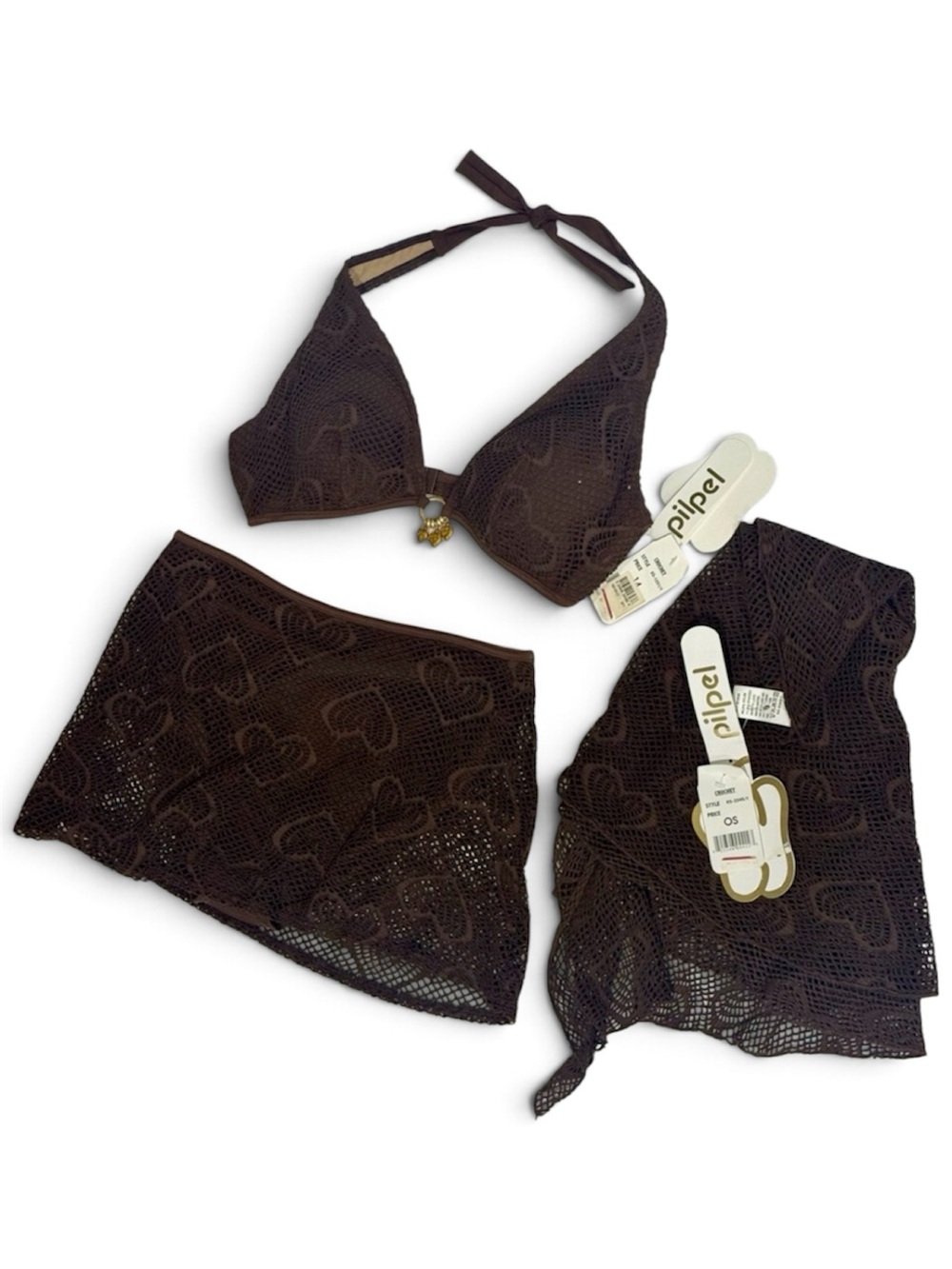 Boho Crochet 3pc Bikini Set Sarong Cover Up Brown NWT Size 14 Pilpel